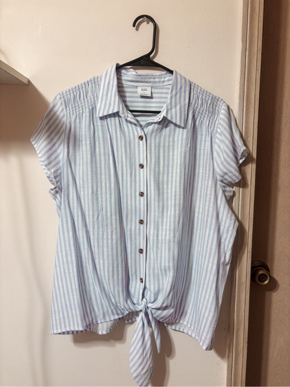 Light Blue & White Striped Tie-Front Button Up Shirt